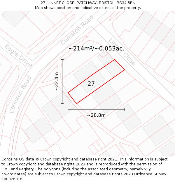 27, LINNET CLOSE, PATCHWAY, BRISTOL, BS34 5RN: Plot and title map