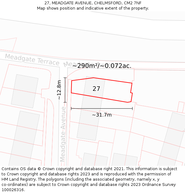 27, MEADGATE AVENUE, CHELMSFORD, CM2 7NF: Plot and title map