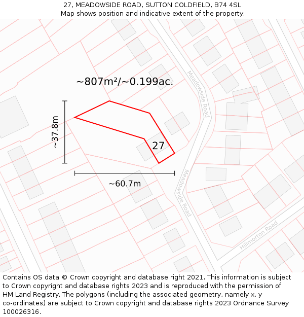 27, MEADOWSIDE ROAD, SUTTON COLDFIELD, B74 4SL: Plot and title map