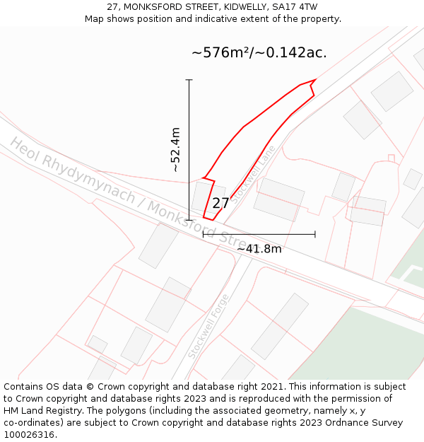 27, MONKSFORD STREET, KIDWELLY, SA17 4TW: Plot and title map