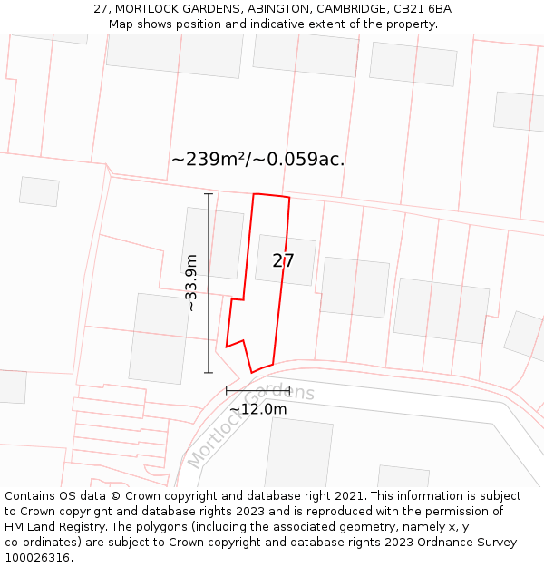 27, MORTLOCK GARDENS, ABINGTON, CAMBRIDGE, CB21 6BA: Plot and title map