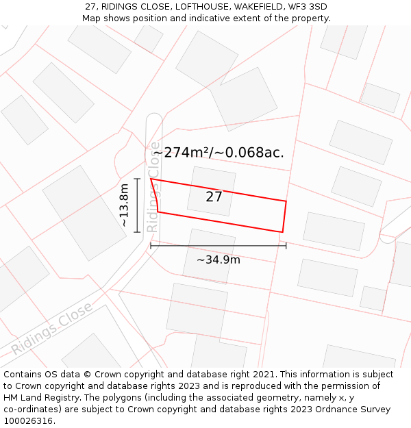 27, RIDINGS CLOSE, LOFTHOUSE, WAKEFIELD, WF3 3SD: Plot and title map