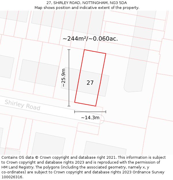 27, SHIRLEY ROAD, NOTTINGHAM, NG3 5DA: Plot and title map