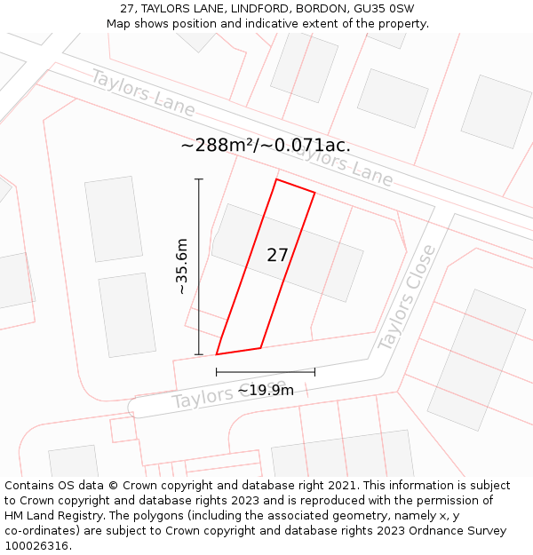 27, TAYLORS LANE, LINDFORD, BORDON, GU35 0SW: Plot and title map