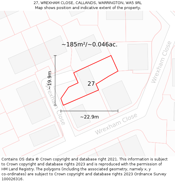 27, WREXHAM CLOSE, CALLANDS, WARRINGTON, WA5 9RL: Plot and title map