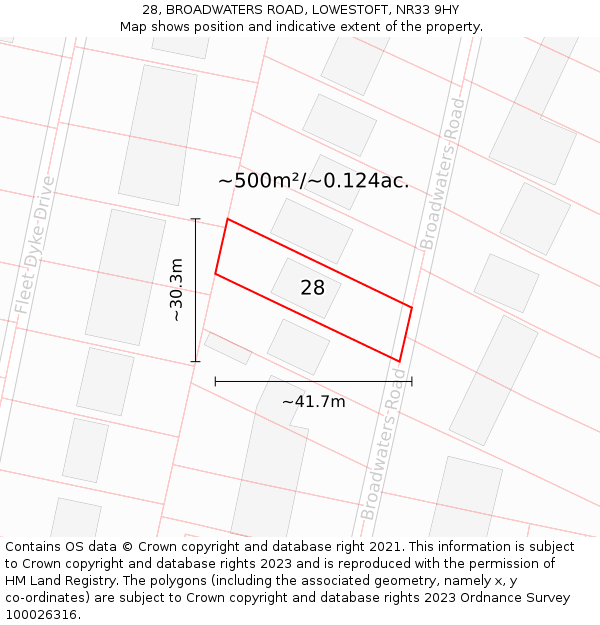 28, BROADWATERS ROAD, LOWESTOFT, NR33 9HY: Plot and title map