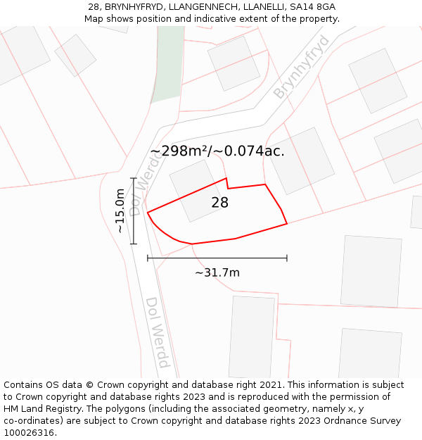 28, BRYNHYFRYD, LLANGENNECH, LLANELLI, SA14 8GA: Plot and title map