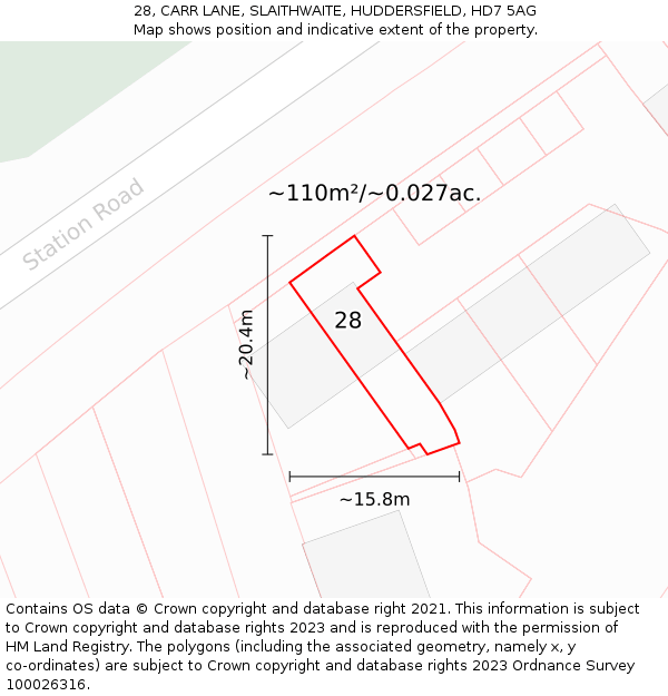 28, CARR LANE, SLAITHWAITE, HUDDERSFIELD, HD7 5AG: Plot and title map