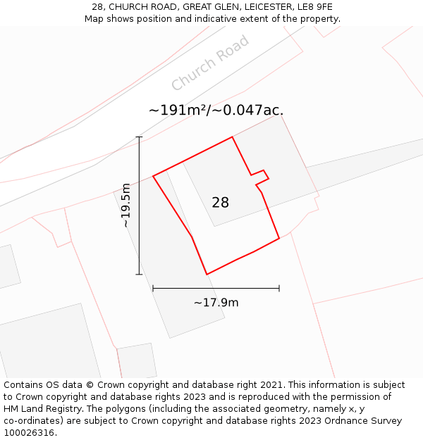 28, CHURCH ROAD, GREAT GLEN, LEICESTER, LE8 9FE: Plot and title map