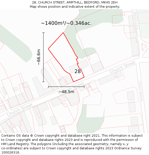 28, CHURCH STREET, AMPTHILL, BEDFORD, MK45 2EH: Plot and title map
