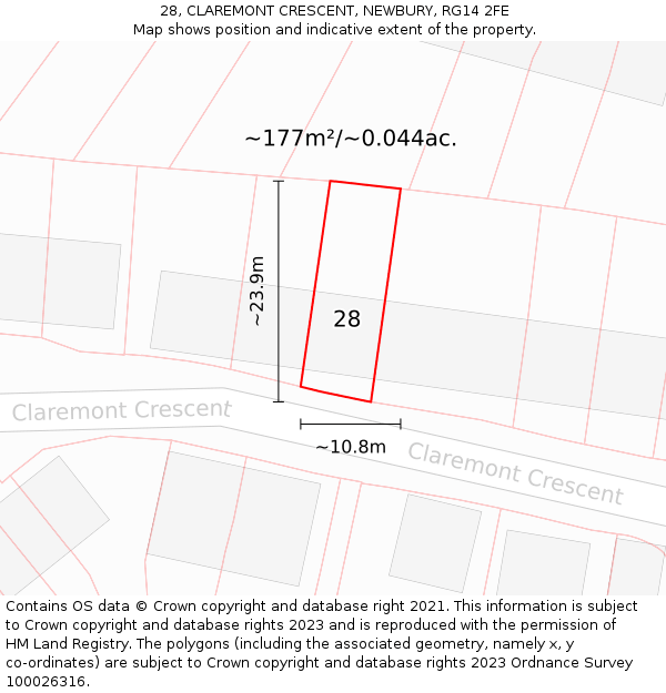 28, CLAREMONT CRESCENT, NEWBURY, RG14 2FE: Plot and title map