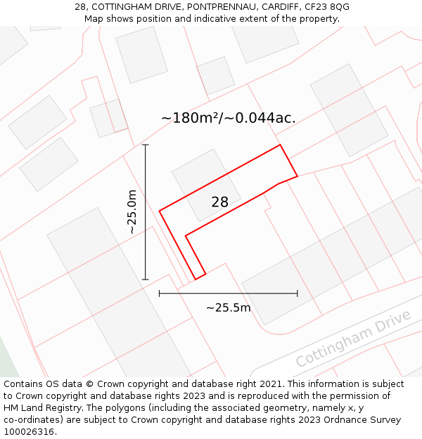 28, COTTINGHAM DRIVE, PONTPRENNAU, CARDIFF, CF23 8QG: Plot and title map