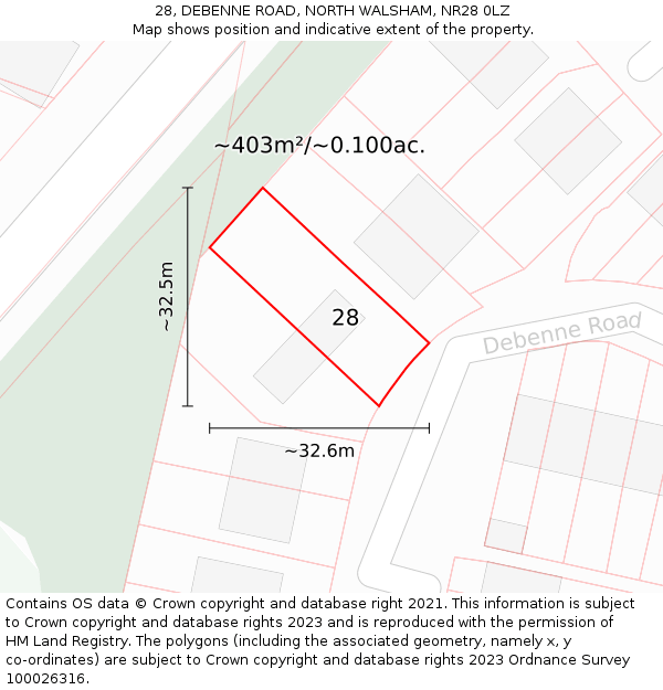 28, DEBENNE ROAD, NORTH WALSHAM, NR28 0LZ: Plot and title map