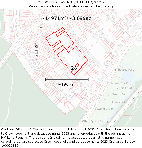 28, DOBCROFT AVENUE, SHEFFIELD, S7 2LX: Plot and title map