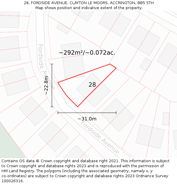 28, FORDSIDE AVENUE, CLAYTON LE MOORS, ACCRINGTON, BB5 5TH: Plot and title map