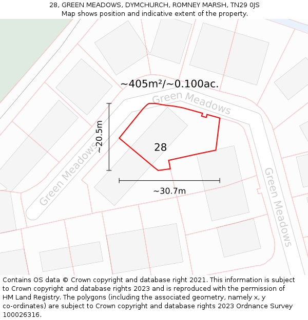 28, GREEN MEADOWS, DYMCHURCH, ROMNEY MARSH, TN29 0JS: Plot and title map