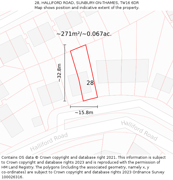 28, HALLIFORD ROAD, SUNBURY-ON-THAMES, TW16 6DR: Plot and title map