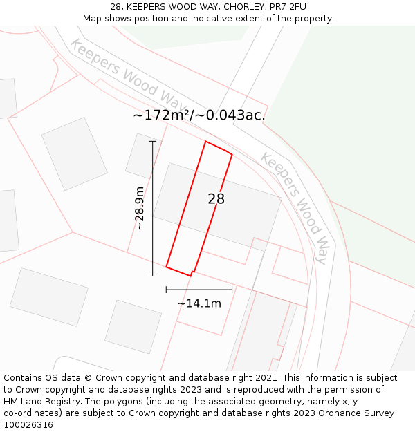 28, KEEPERS WOOD WAY, CHORLEY, PR7 2FU: Plot and title map