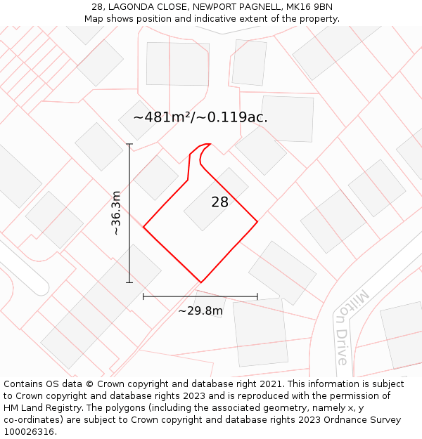 28, LAGONDA CLOSE, NEWPORT PAGNELL, MK16 9BN: Plot and title map