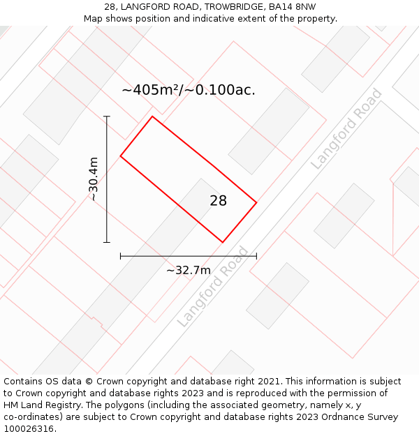 28, LANGFORD ROAD, TROWBRIDGE, BA14 8NW: Plot and title map