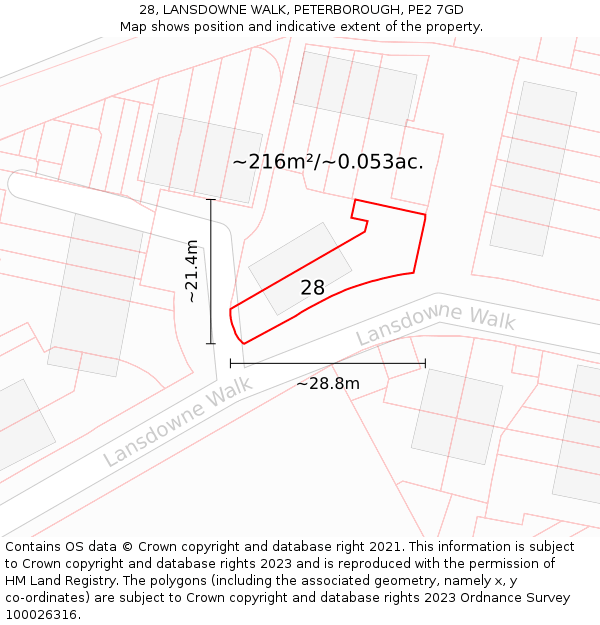 28, LANSDOWNE WALK, PETERBOROUGH, PE2 7GD: Plot and title map