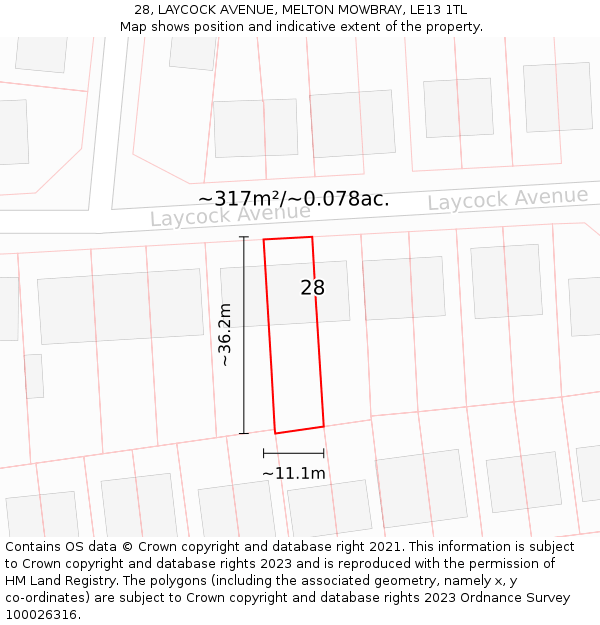 28, LAYCOCK AVENUE, MELTON MOWBRAY, LE13 1TL: Plot and title map