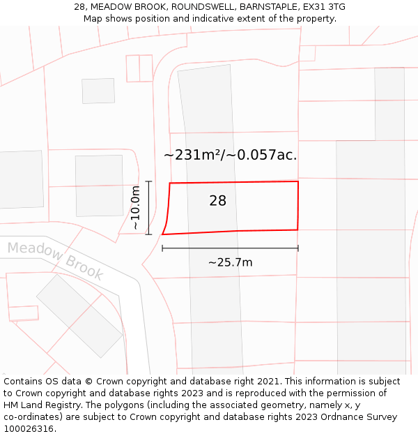 28, MEADOW BROOK, ROUNDSWELL, BARNSTAPLE, EX31 3TG: Plot and title map