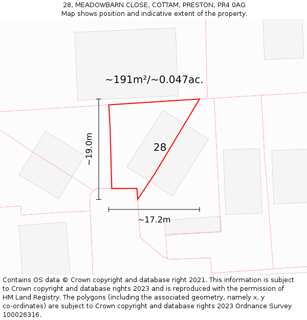 28, MEADOWBARN CLOSE, COTTAM, PRESTON, PR4 0AG: Plot and title map