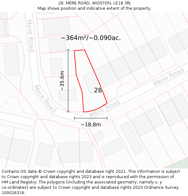 28, MERE ROAD, WIGSTON, LE18 3RJ: Plot and title map