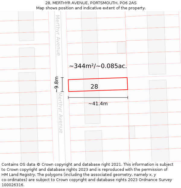 28, MERTHYR AVENUE, PORTSMOUTH, PO6 2AS: Plot and title map