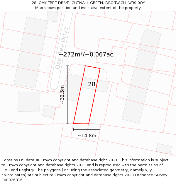 28, OAK TREE DRIVE, CUTNALL GREEN, DROITWICH, WR9 0QY: Plot and title map