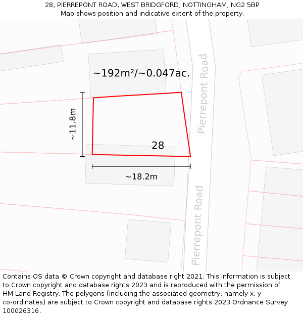 28, PIERREPONT ROAD, WEST BRIDGFORD, NOTTINGHAM, NG2 5BP: Plot and title map