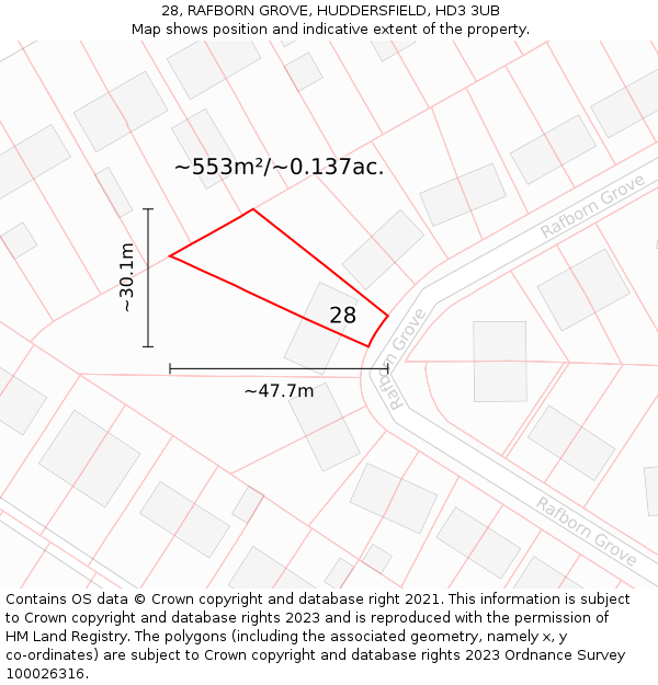 28, RAFBORN GROVE, HUDDERSFIELD, HD3 3UB: Plot and title map