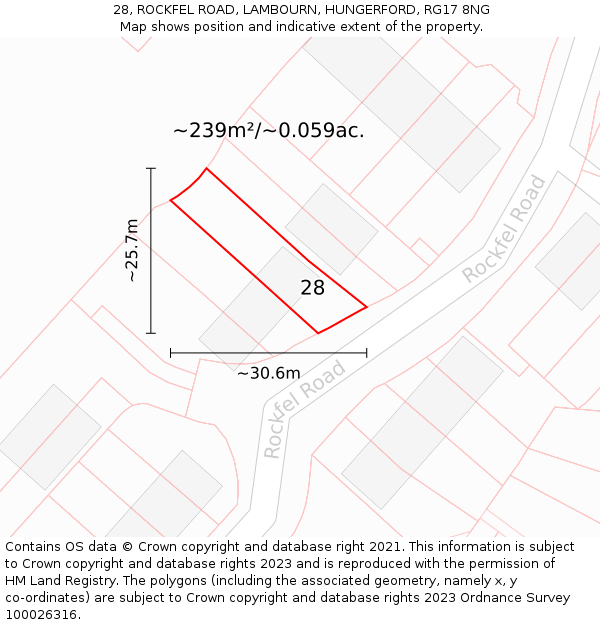 28, ROCKFEL ROAD, LAMBOURN, HUNGERFORD, RG17 8NG: Plot and title map