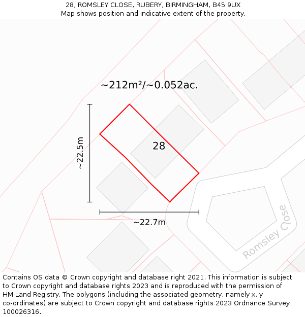 28, ROMSLEY CLOSE, RUBERY, BIRMINGHAM, B45 9UX: Plot and title map