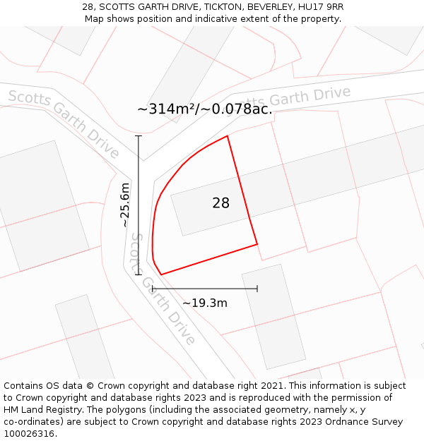 28, SCOTTS GARTH DRIVE, TICKTON, BEVERLEY, HU17 9RR: Plot and title map