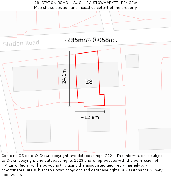 28, STATION ROAD, HAUGHLEY, STOWMARKET, IP14 3PW: Plot and title map