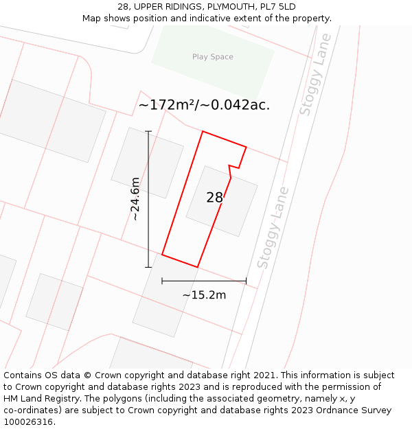 28, UPPER RIDINGS, PLYMOUTH, PL7 5LD: Plot and title map