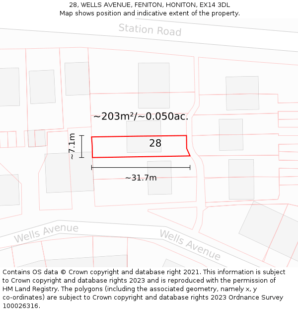 28, WELLS AVENUE, FENITON, HONITON, EX14 3DL: Plot and title map