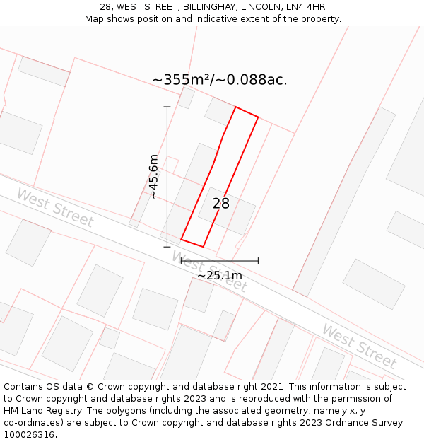 28, WEST STREET, BILLINGHAY, LINCOLN, LN4 4HR: Plot and title map