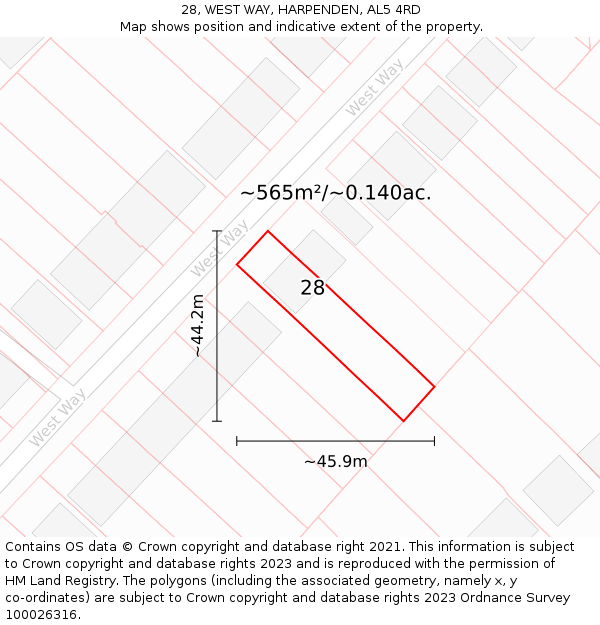 28, WEST WAY, HARPENDEN, AL5 4RD: Plot and title map