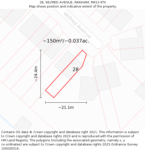 28, WILFRED AVENUE, RAINHAM, RM13 9TX: Plot and title map