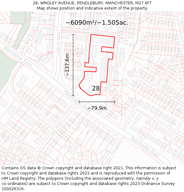 28, WRIGLEY AVENUE, PENDLEBURY, MANCHESTER, M27 4FT: Plot and title map