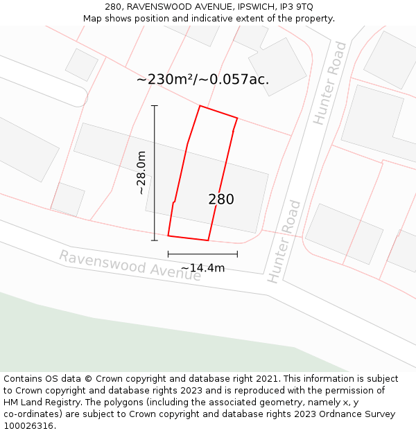 280, RAVENSWOOD AVENUE, IPSWICH, IP3 9TQ: Plot and title map