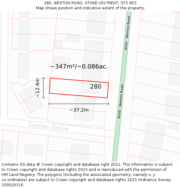 280, WESTON ROAD, STOKE-ON-TRENT, ST3 6EZ: Plot and title map