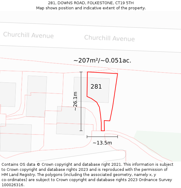 281, DOWNS ROAD, FOLKESTONE, CT19 5TH: Plot and title map