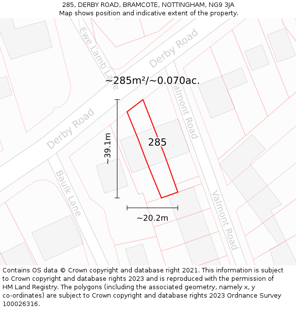 285, DERBY ROAD, BRAMCOTE, NOTTINGHAM, NG9 3JA: Plot and title map