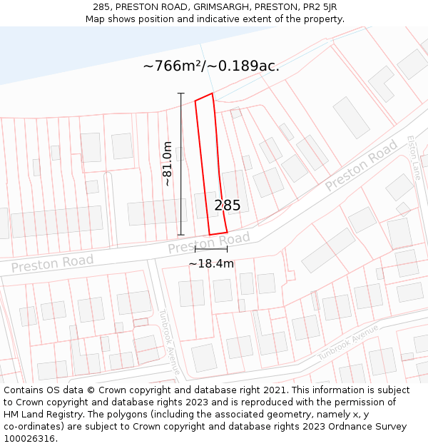 285, PRESTON ROAD, GRIMSARGH, PRESTON, PR2 5JR: Plot and title map