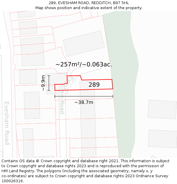 289, EVESHAM ROAD, REDDITCH, B97 5HL: Plot and title map