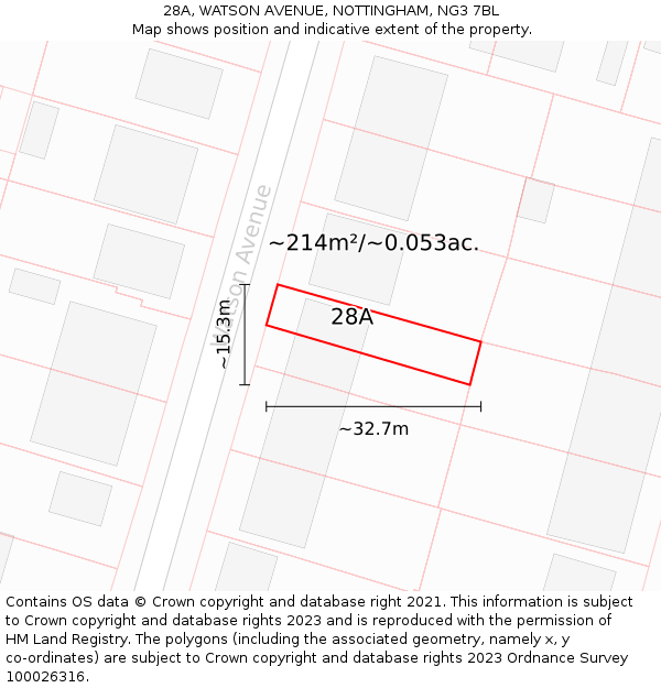 28A, WATSON AVENUE, NOTTINGHAM, NG3 7BL: Plot and title map